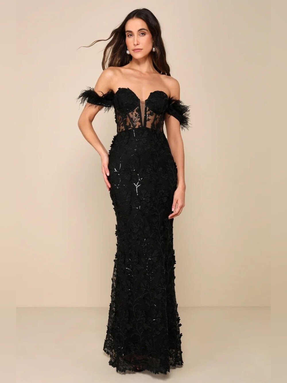 NWOT Lulus Midnight Sparkle Black Embroidered Feather Bustier Maxi Dress